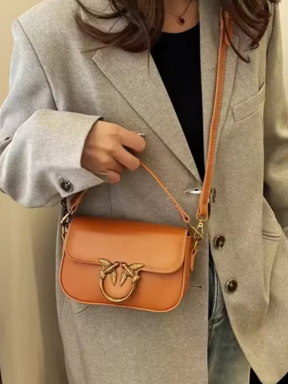 New Tan Mini Shoulder Bag with Gold Bird Ring Detail